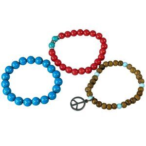 Set Of 3 Beaded Stretch Bracelets Red Blue & Natural Wood Beads Peace Sign Charm